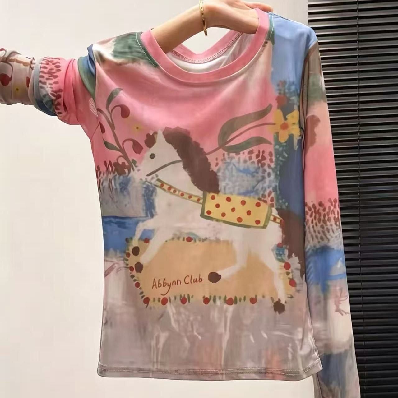 艺术抽象油画印花网纱长袖打底衫