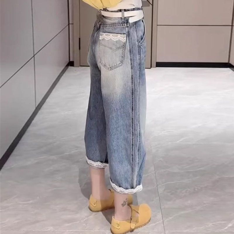 松弛感洋气蕾丝边阔腿牛仔裤女士夏季薄款郑州显瘦老爹哈伦裤