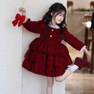 女童冬装红色连衣裙秋冬新款过年喜庆裙子儿童丝绒加绒加厚公主裙