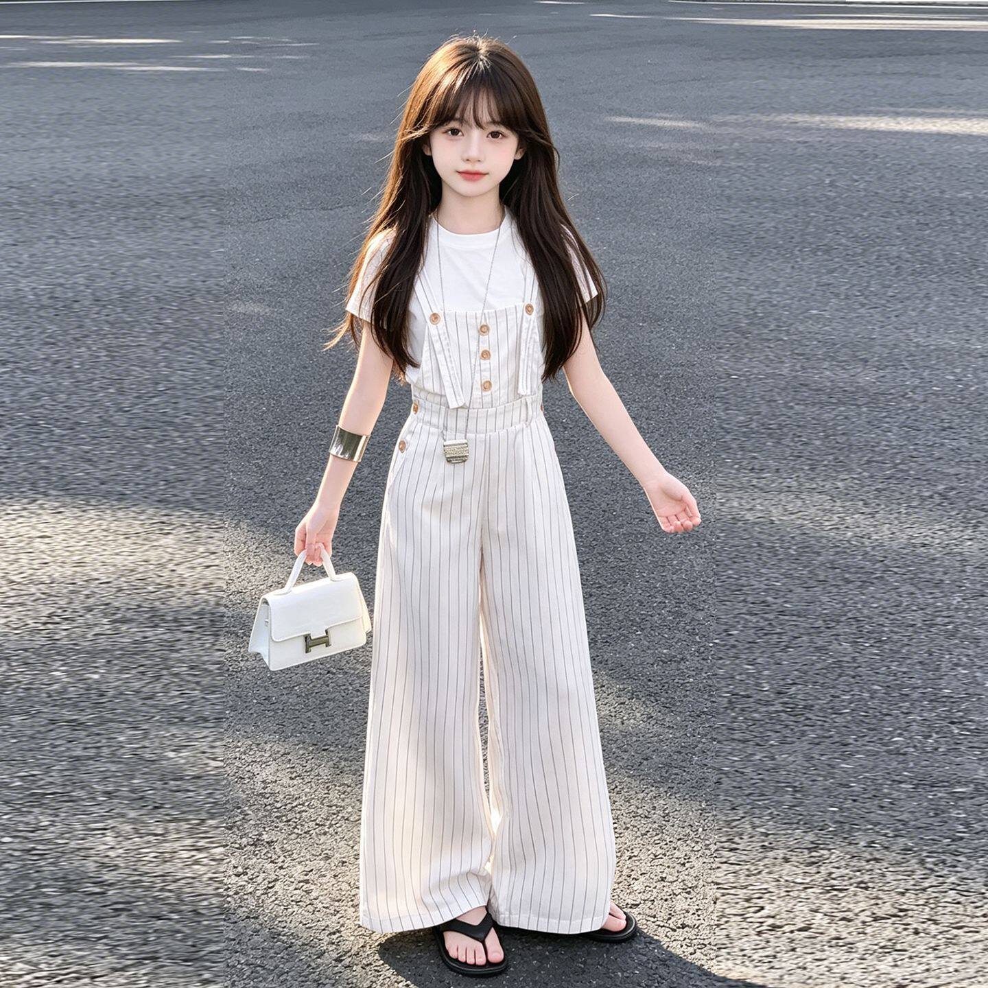 女童夏装条纹背带裤套装2026新款儿童洋气短袖小女孩时髦两件套潮