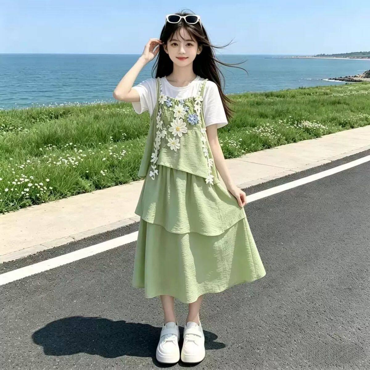 女童夏装套装2026新款儿童立体花朵短袖洋气小女孩半身裙两件套潮