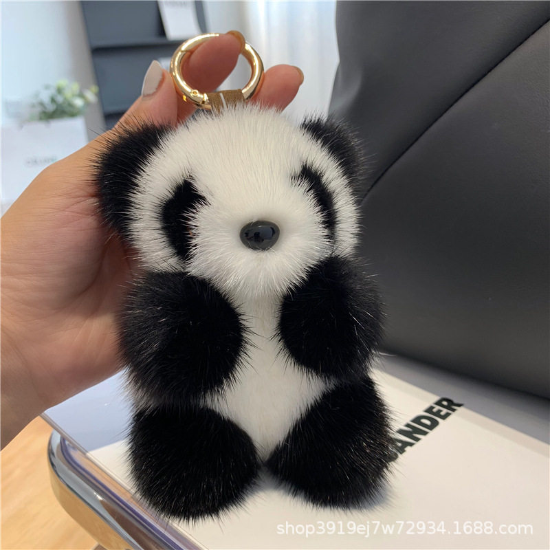 钥匙扣可爱精致仿水貂毛绒小熊猫挂饰包包挂件汽车生日礼物