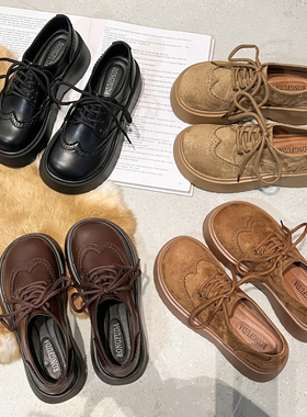 复古磨砂设计感系带勃肯鞋女2026新款春秋厚底鞋英伦风乐福小皮鞋