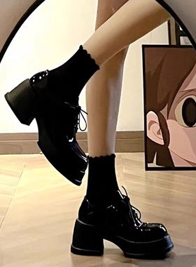 黑色厚底小皮鞋女秋季增高粗跟玛丽珍鞋松糕圆头高跟一脚蹬乐福鞋