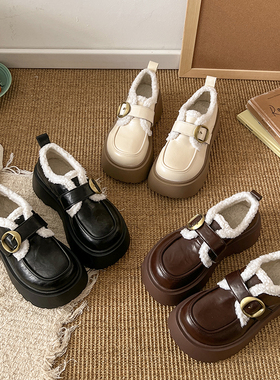 复古英伦风厚底松糕白色小皮鞋女2025新款秋冬一脚蹬法式乐福棉鞋