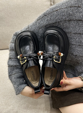 法式蝴蝶结厚底小皮鞋女2025秋季新款复古英伦风魔术贴jk乐福鞋单
