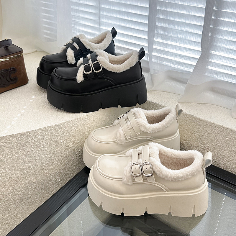 厚底增高加绒乐福棉鞋女2025秋冬新款英伦风小个子jk玛丽珍小皮鞋