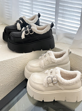 厚底增高加绒乐福棉鞋女2025秋冬新款英伦风小个子jk玛丽珍小皮鞋