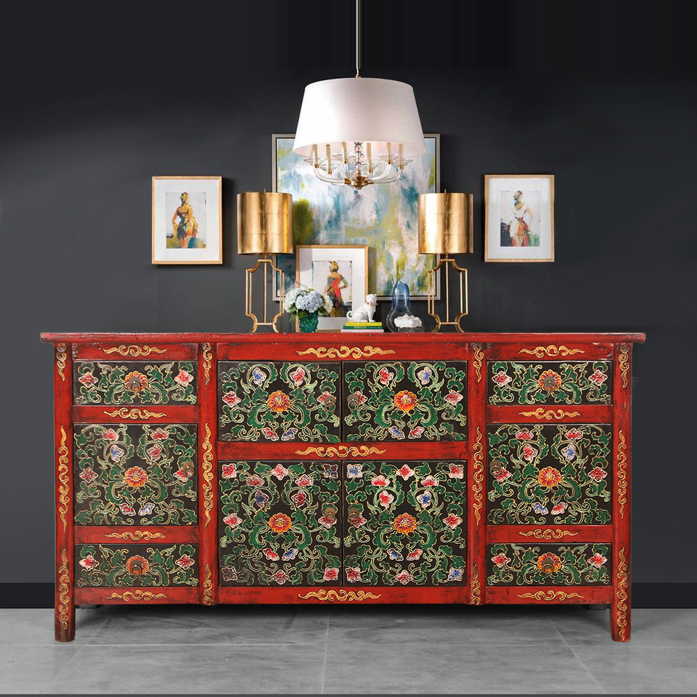 宋氏出口实木玄关柜中式储物柜藏式手绘餐边柜复古四屉六门藏柜