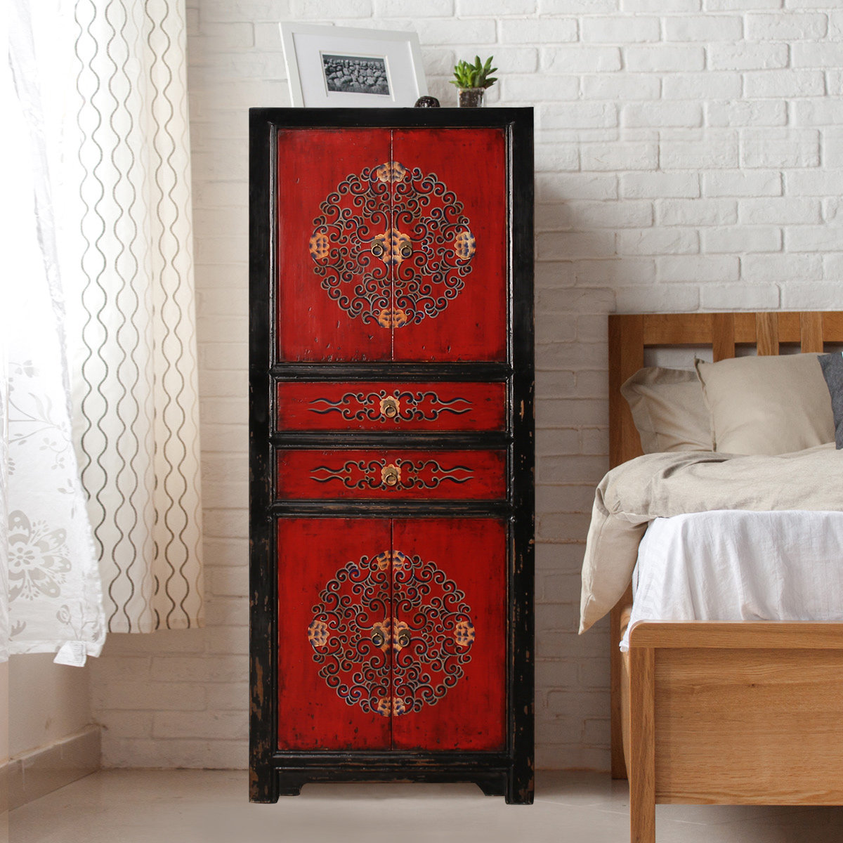 新中式复古衣柜收纳柜高储物柜仿古装饰柜卧室边柜书柜实木手绘柜