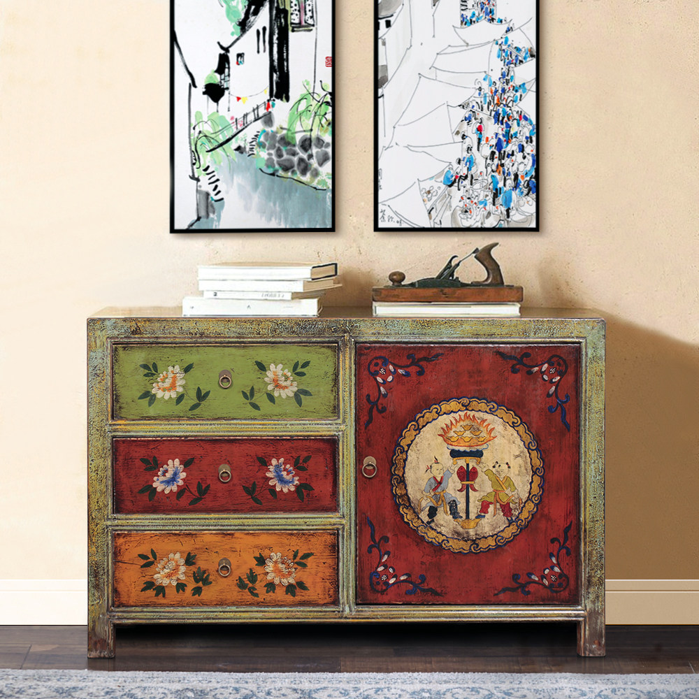 新中式实木鞋柜家具仿古收纳柜手绘玄关柜装饰柜新古典复古储物柜