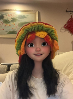 手工钩织DIY材料包汉堡包帽子秋冬保暖搞怪抽象可爱自制礼物解闷