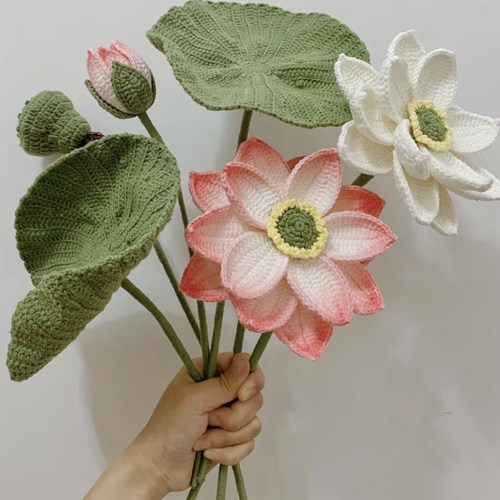 手工钩织DIY材料包荷花荷叶寓意阖家幸福永生花解闷送礼物