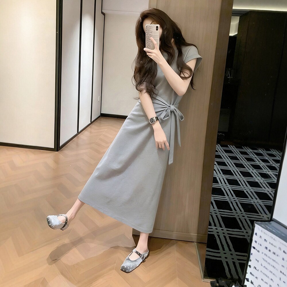 日系高级感绑带圆领短袖连衣裙女