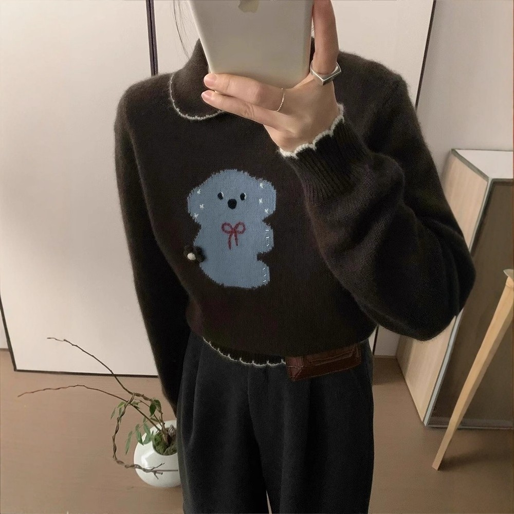 日系卡通提花娃娃领毛衣女秋冬