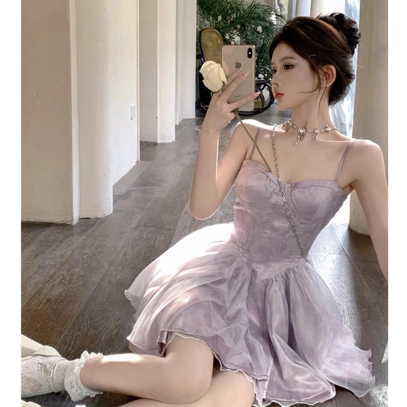 茶歇紫色扎染鱼骨吊带连衣裙女
