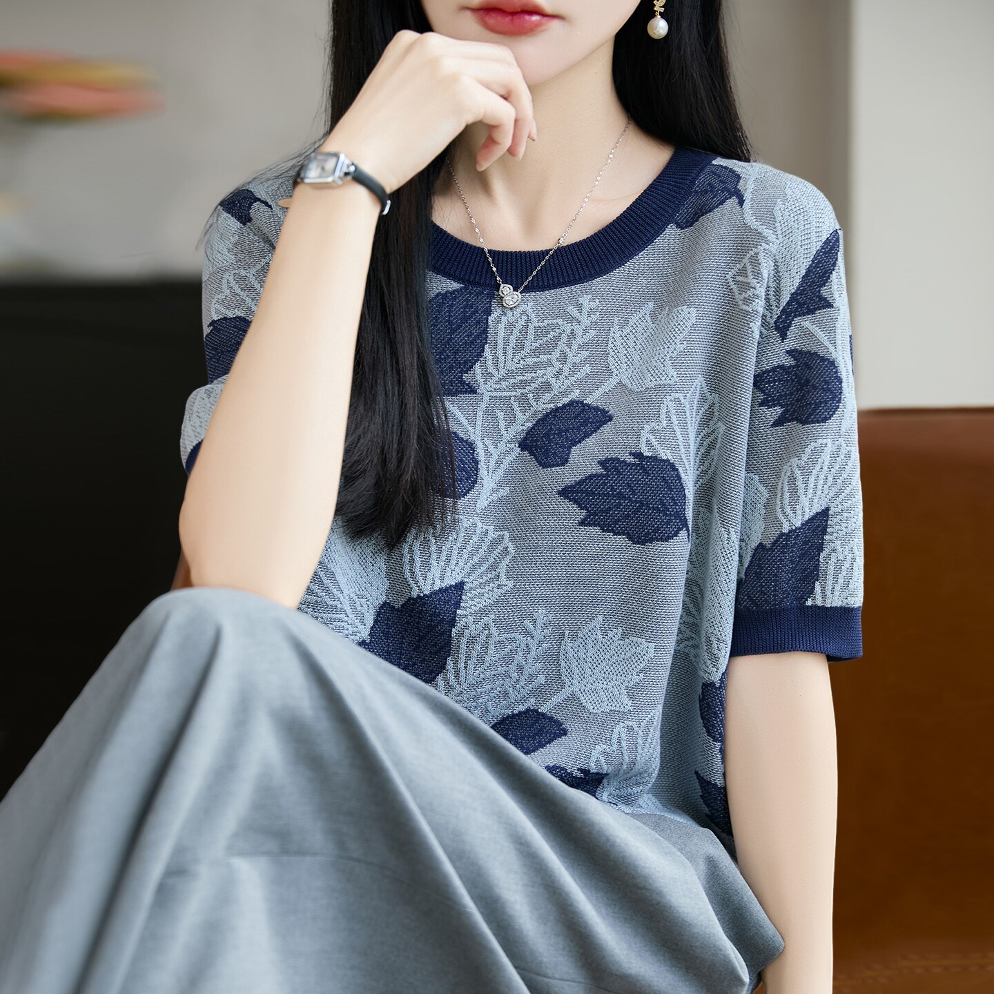 LOKA LURA提花时尚针织短袖t恤女士夏季薄款大尺码女装冰丝针织衫