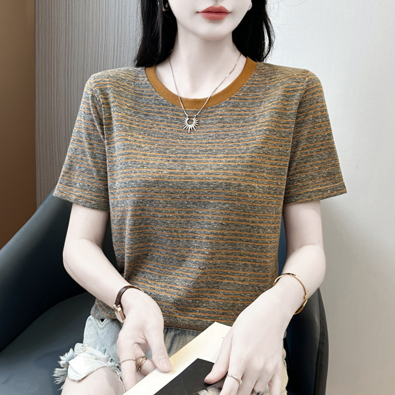 韩系条纹圆领宽松显瘦T恤女夏