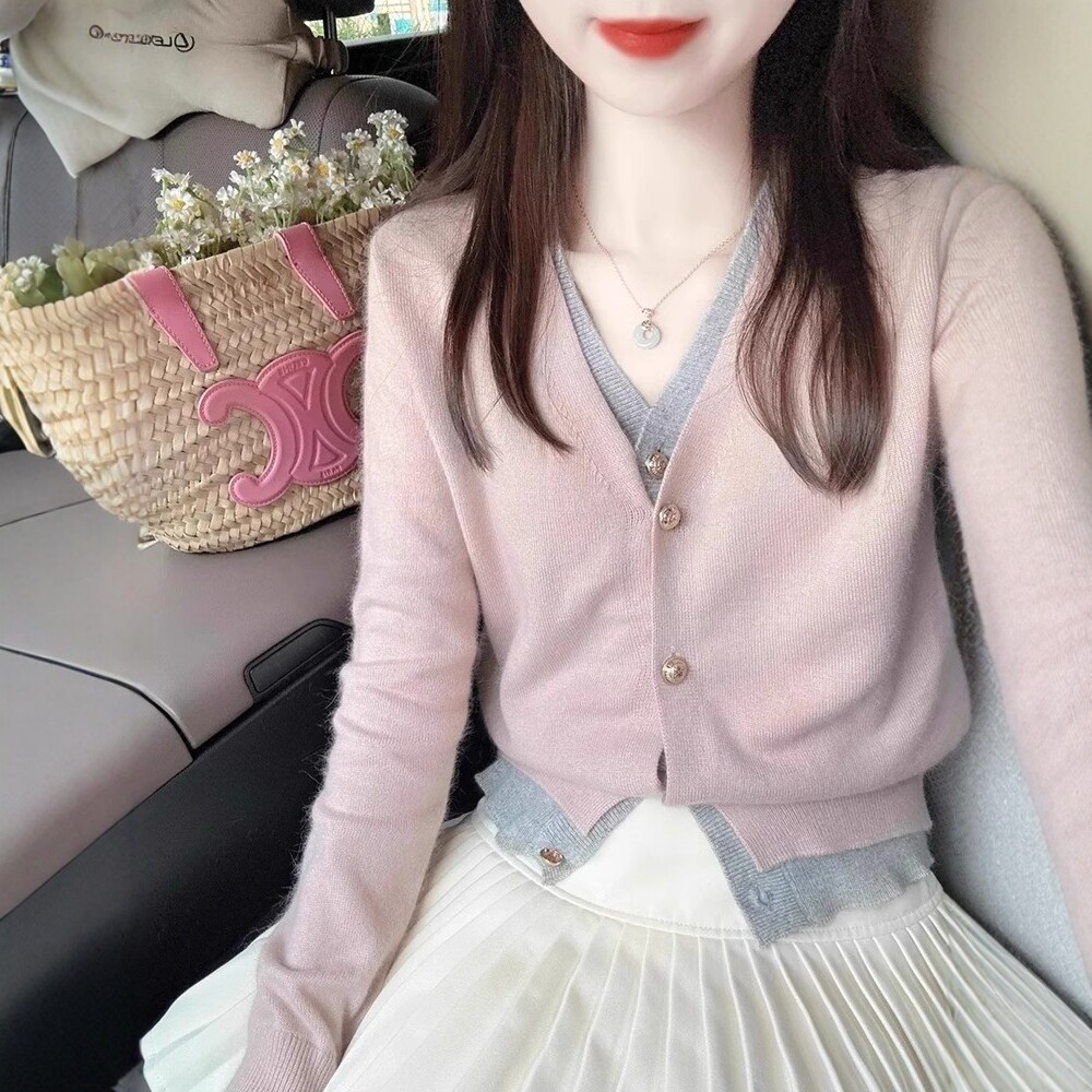 日系假两件针织开衫女短款春秋季