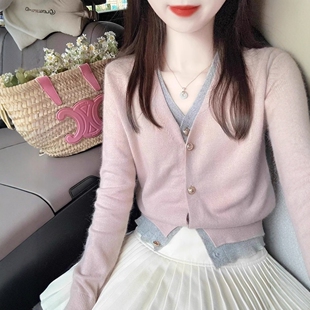 日系假两件针织开衫女士短款春秋季V领粉色设计感毛衣小香风外套