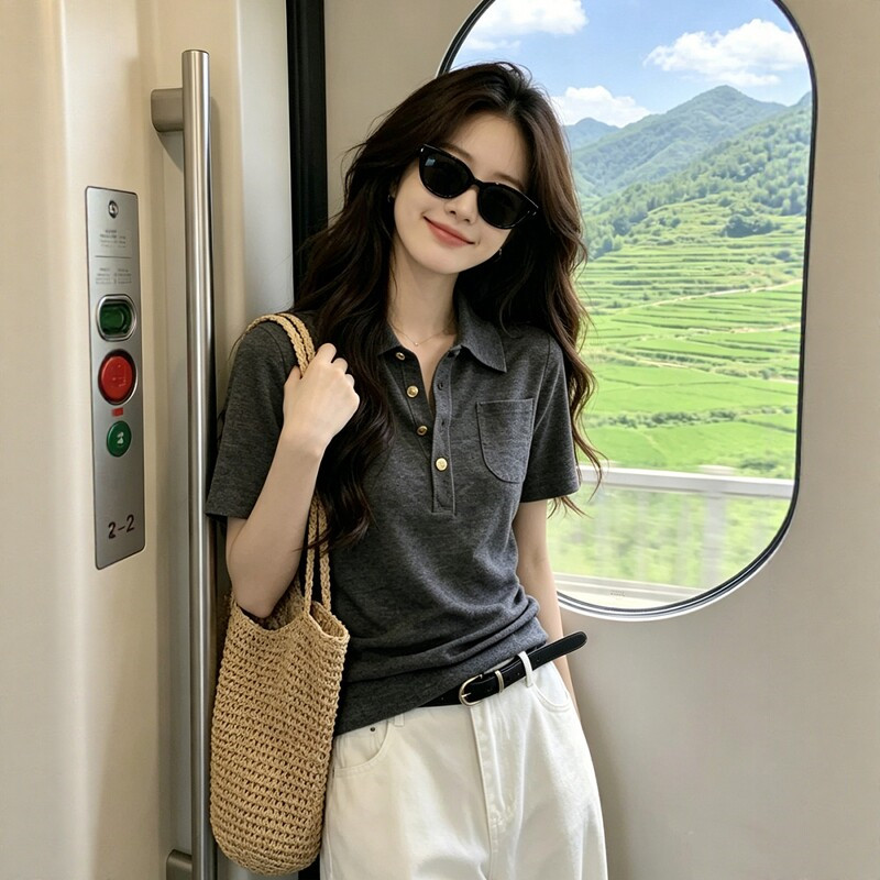 老钱风灰色冰丝针织短袖t恤女