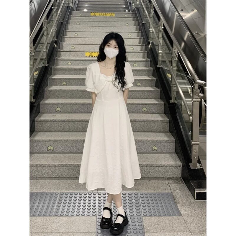 法式气质泡泡袖白色连衣裙女