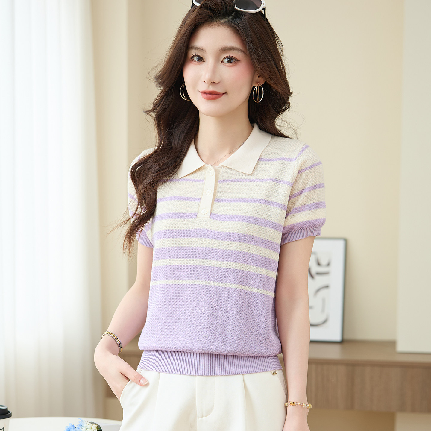 条纹polo领短袖针织衫女夏季
