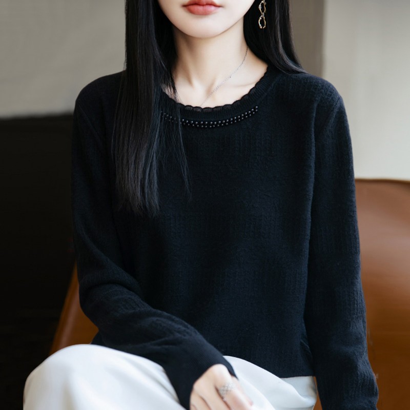 LOKA LURA秋装蕾丝针织打底衫女春秋内搭上衣洋派大尺码秋冬毛衣