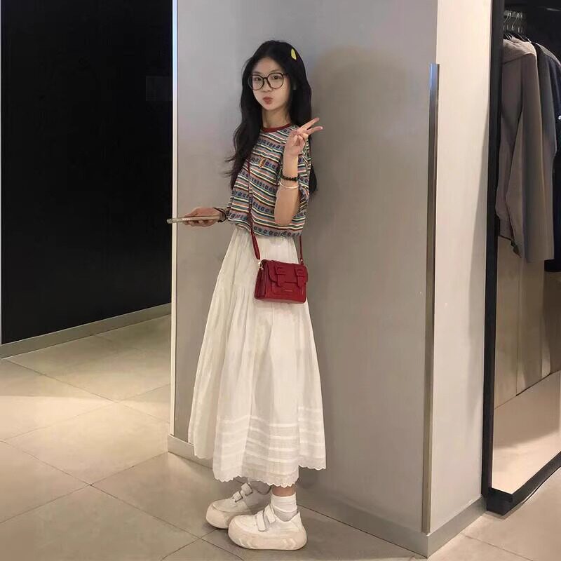 小个子条纹t恤半身裙两件套女