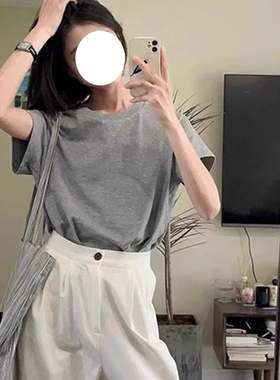 日系高级感灰色圆领正肩短袖t恤女夏季薄款纯色宽松显瘦半袖体恤