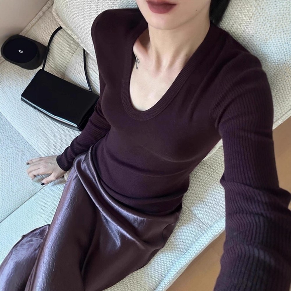日系紫色U领羊毛针织打底衫女