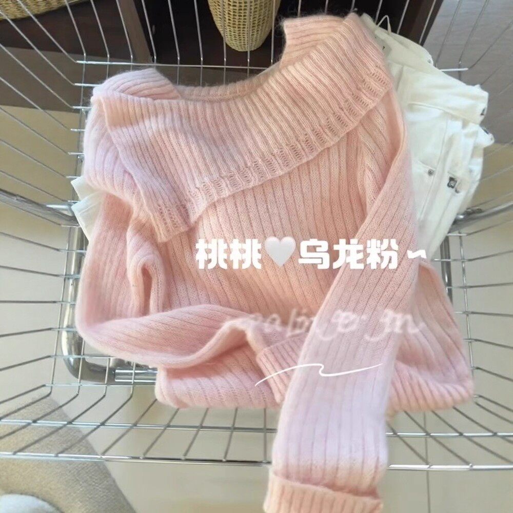 日系一字领针织衫女秋冬不规则