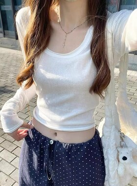 日系白色薄款u领长袖t恤女夏季