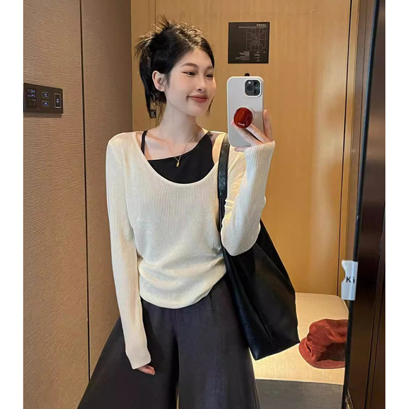 设计感假两件白色长袖针织衫女