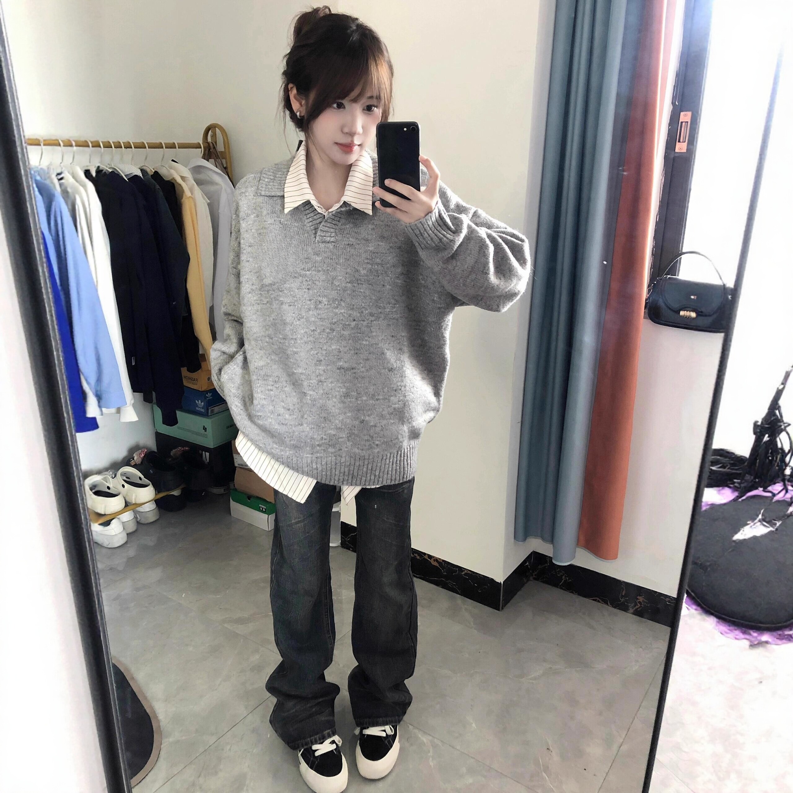 日系polo领毛衣女士秋冬季宽松