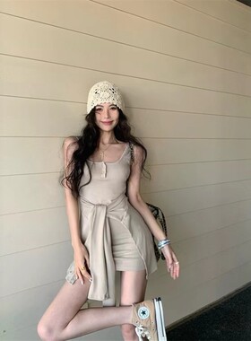日系假两件带胸垫吊带连衣裙女
