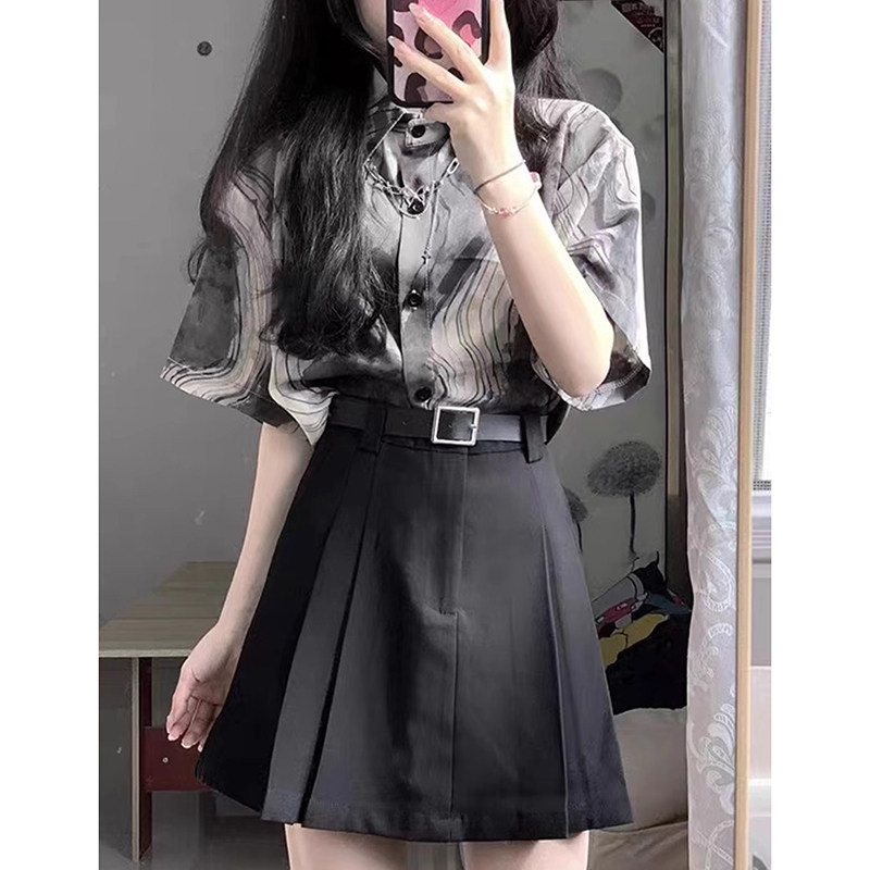 复古短袖衬衫短裙子两件套装女