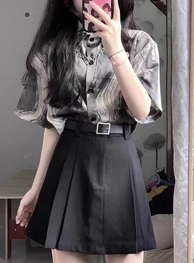 复古短袖衬衫短裙子两件套装女