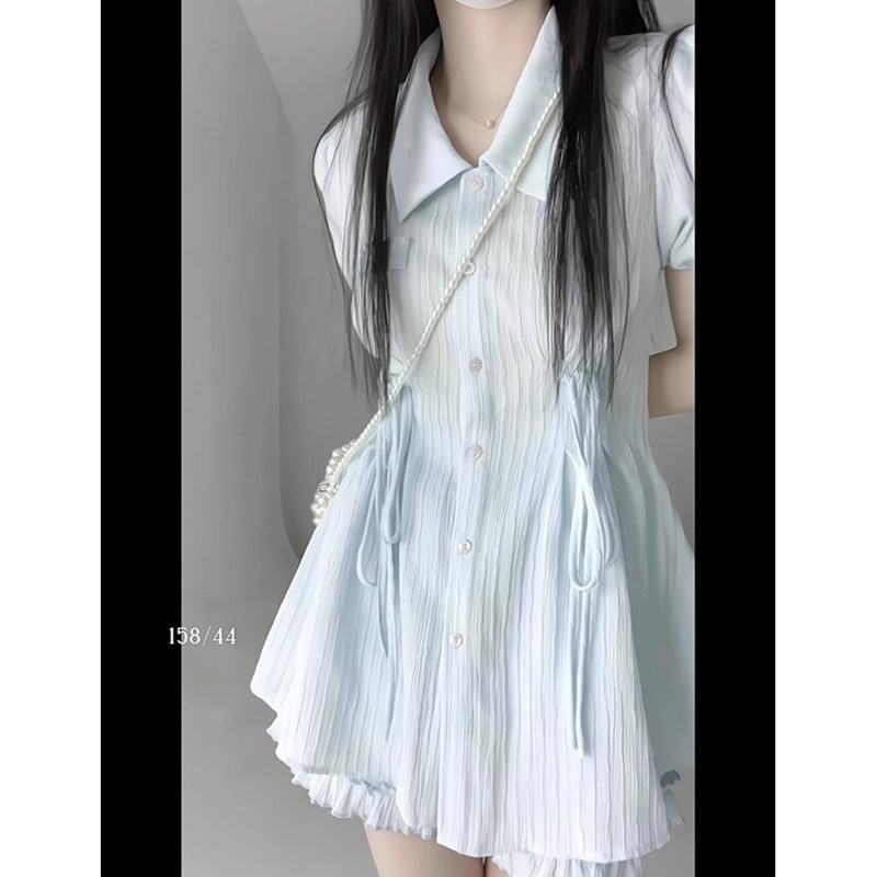 日系蓝色polo领收腰短袖连衣裙女夏季高级感衬衫裙甜美裤裙两件套