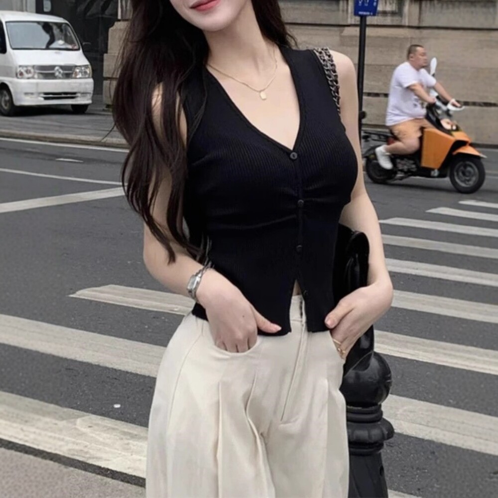 日系v领冰丝针织吊带背心女夏季