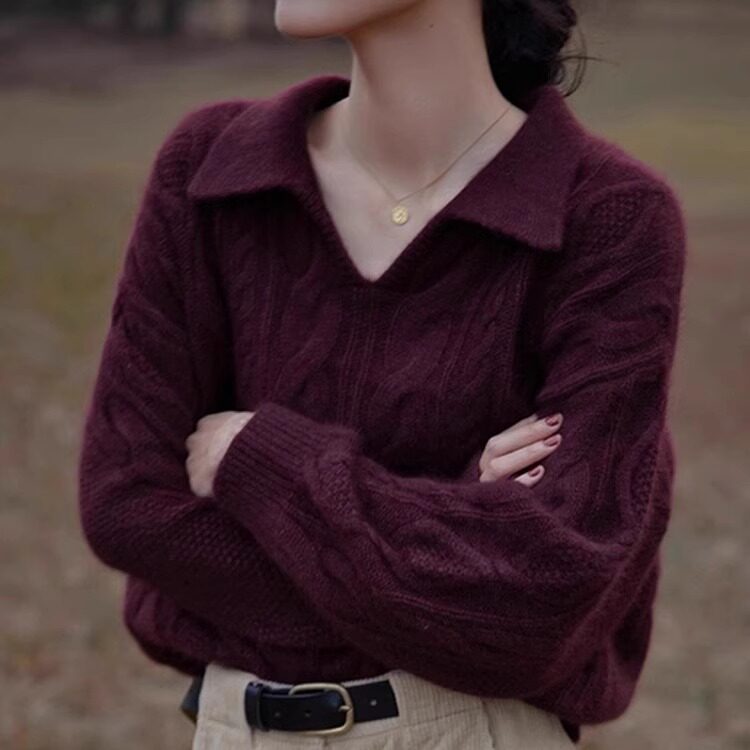 日系复古翻领套头针织衫上衣女 外穿v领软糯宽松慵懒秋冬麻花毛衣