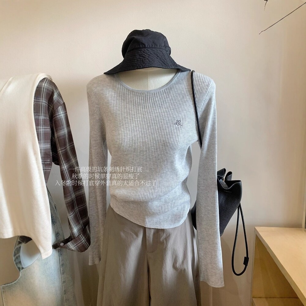 日系针织衫t恤女春秋刺绣坑条