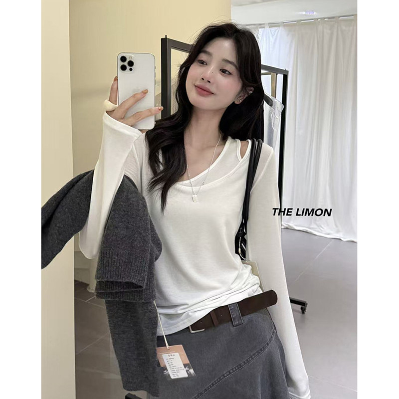 不规则假两件白色长袖t恤女