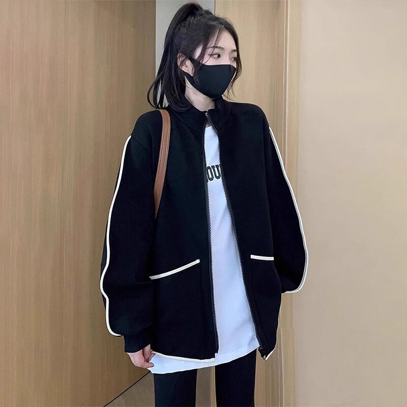 高级感黑色棒球服卫衣短款外套女
