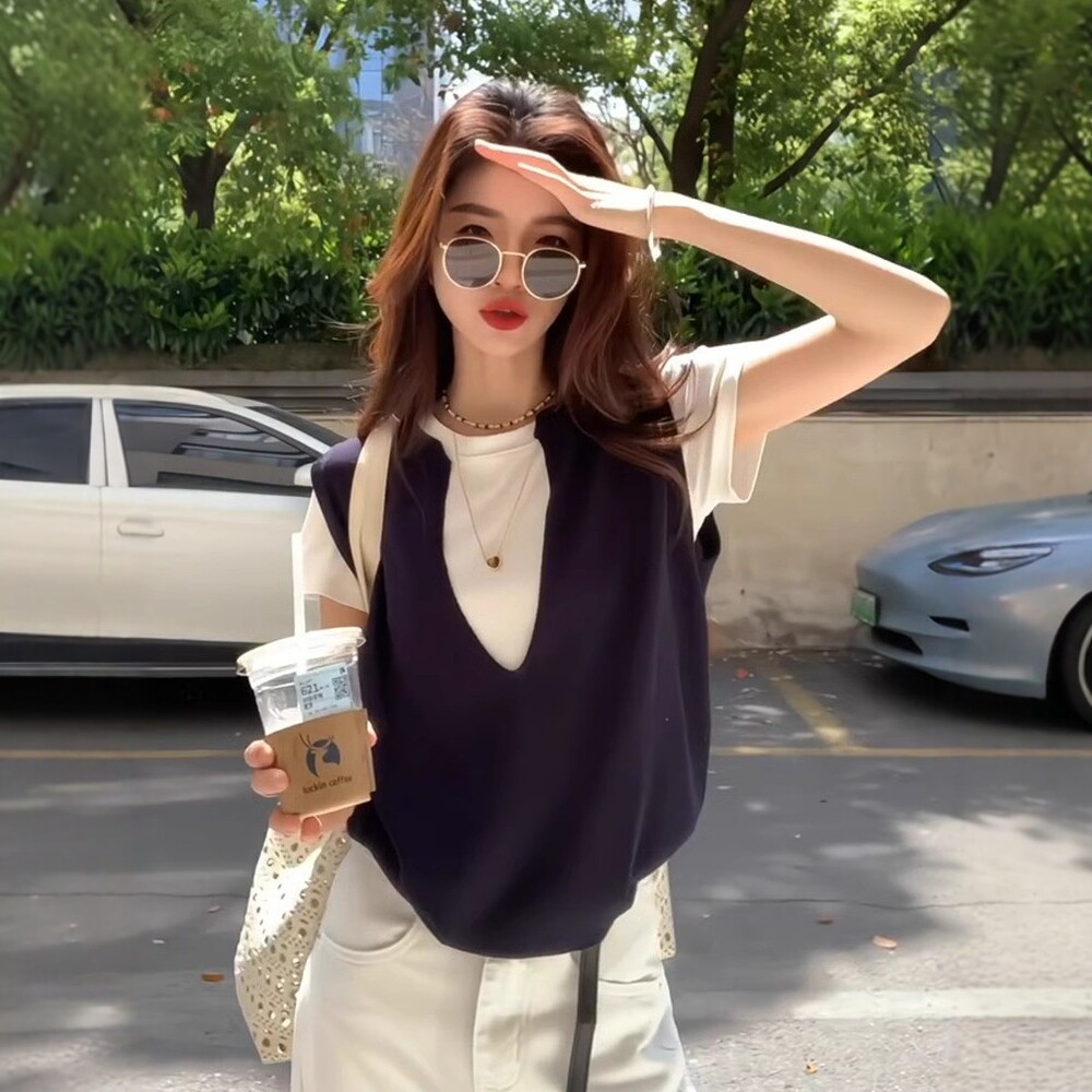 日系针织马甲背心叠穿短袖t恤女