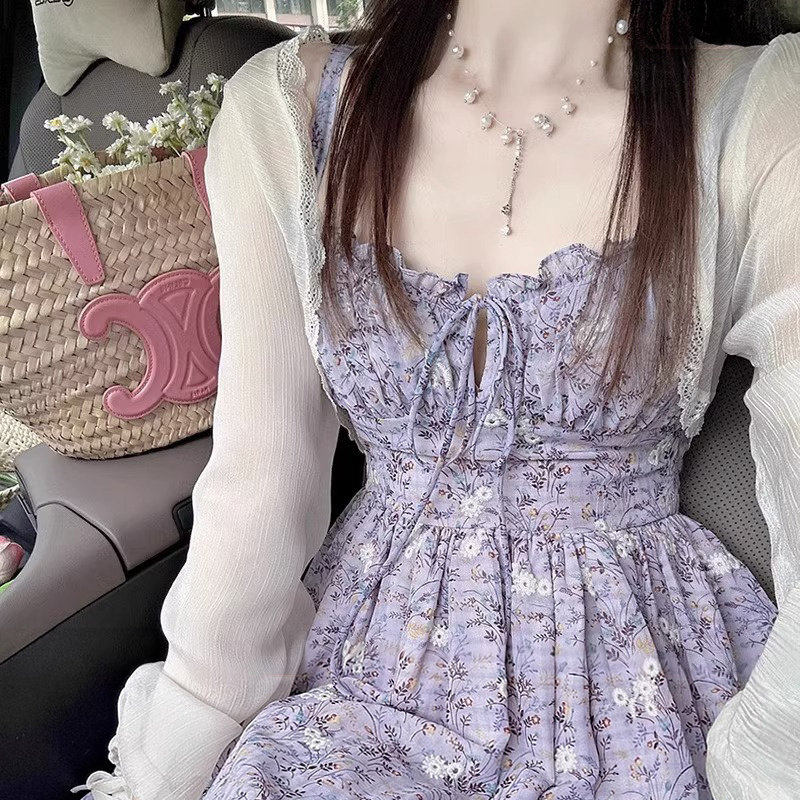 气质温柔风碎花吊带连衣裙子女