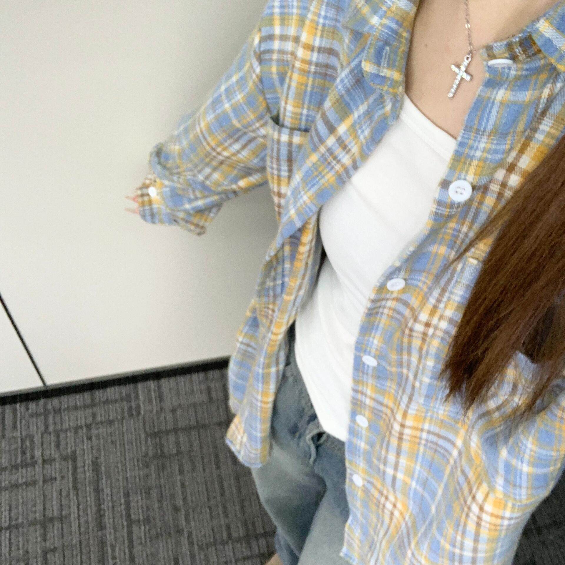 复古格子衬衫女小衫外套衬衣上衣