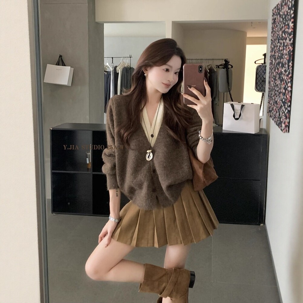 日系美拉德假两件针织开衫女秋冬