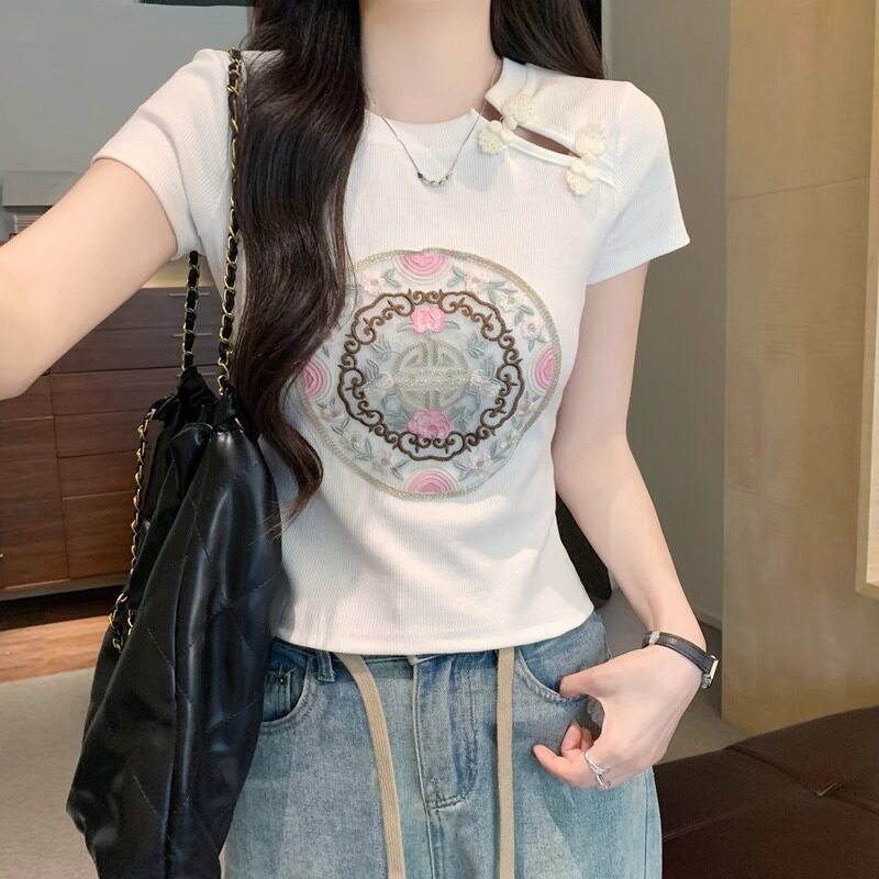 新中式国风盘扣刺绣短袖T恤女