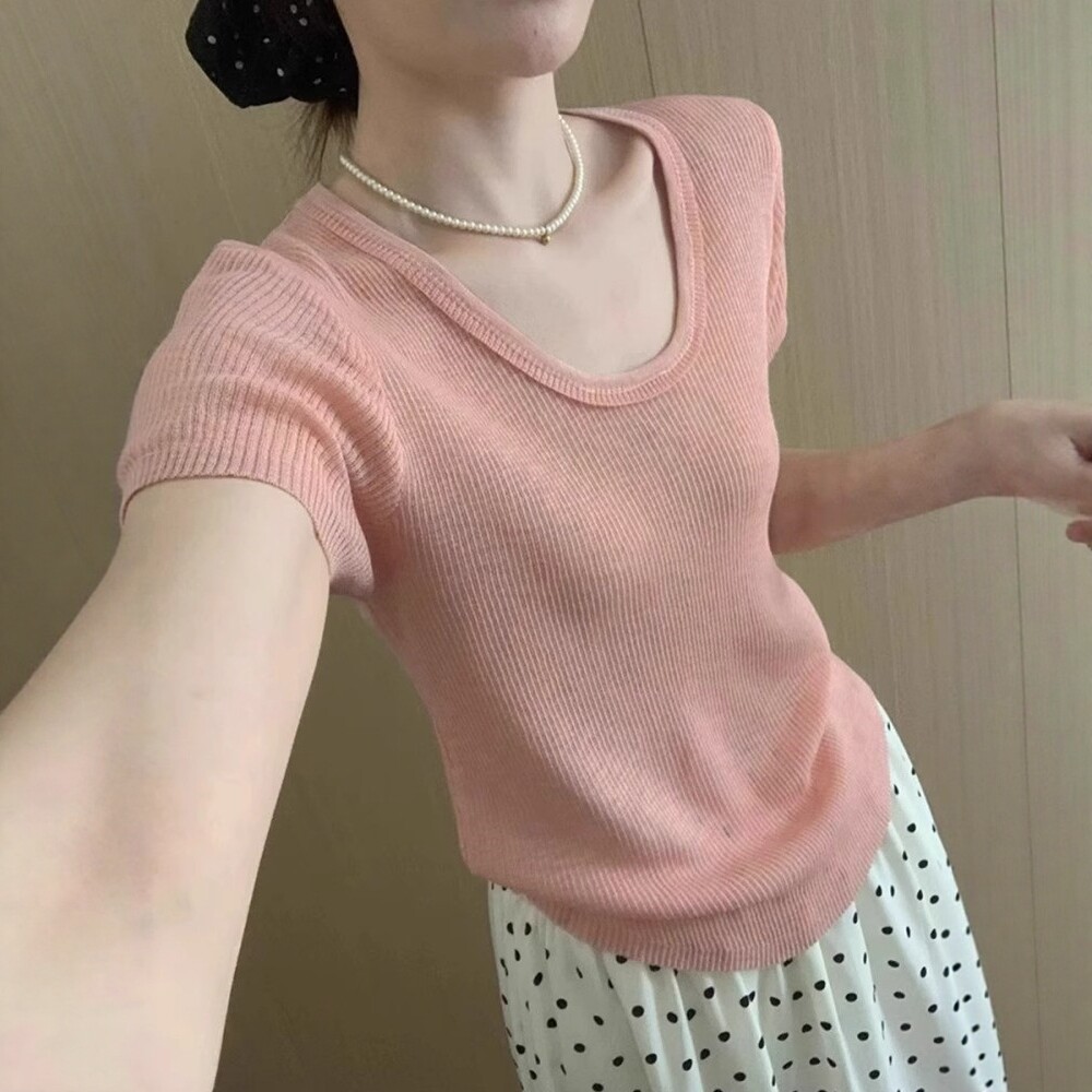 日系多巴胺粉色u领短袖t恤女夏季